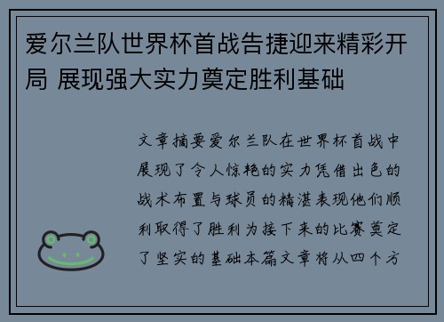 爱尔兰队世界杯首战告捷迎来精彩开局 展现强大实力奠定胜利基础
