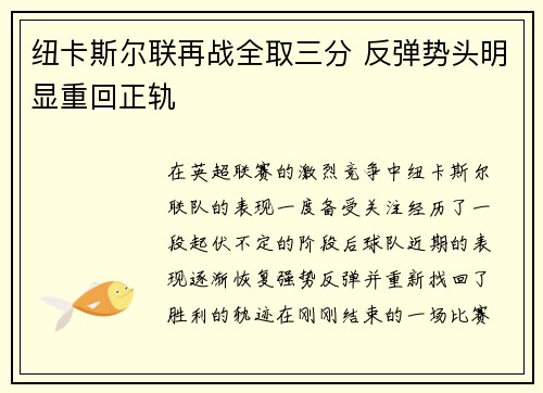 纽卡斯尔联再战全取三分 反弹势头明显重回正轨