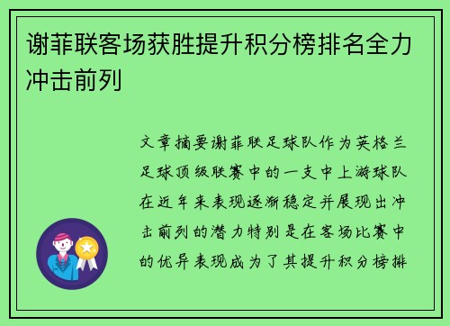 谢菲联客场获胜提升积分榜排名全力冲击前列