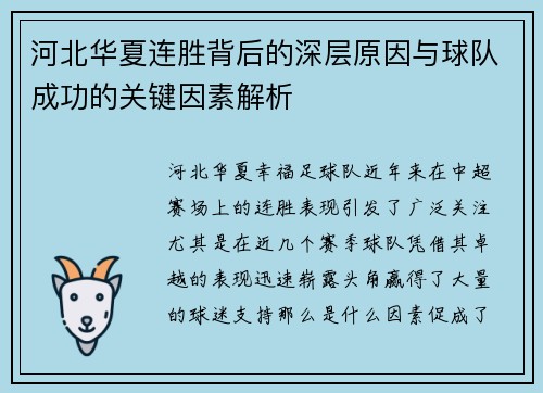 河北华夏连胜背后的深层原因与球队成功的关键因素解析