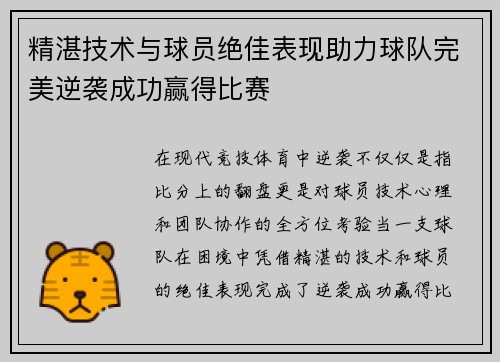精湛技术与球员绝佳表现助力球队完美逆袭成功赢得比赛